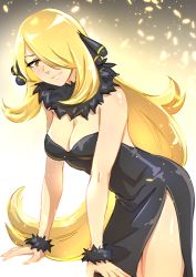 Rule 34 | 1girl, alternate costume, black dress, blonde hair, breasts, brown eyes, cherry in the sun, cleavage, closed mouth, commentary, creatures (company), cynthia (pokemon), dress, english commentary, evening gown, floating hair, fur collar, fur cuffs, game freak, hair ornament, hair over one eye, leaning forward, long dress, long hair, looking at viewer, medium breasts, nintendo, pokemon, pokemon dppt, shiny skin, side slit, sleeveless, sleeveless dress, smile, solo, standing, strapless, strapless dress, very long hair, wrist cuffs
