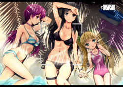 Rule 34 | 3girls, absurdres, armpits, beach, bikini, black eyes, black hair, blonde hair, blush, breasts, choker, cleavage, from above, green eyes, highres, holding hands, light smile, long hair, looking at viewer, lying, medium breasts, multiple girls, navel, one-piece swimsuit, original, purple eyes, purple hair, shiny skin, side-tie bikini bottom, silhouette, small breasts, soyokaze, striped bikini, striped clothes, swimsuit, twintails, two side up, viewfinder, watch, wristwatch