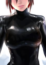 Rule 34 | 1girl, black bodysuit, bodysuit, breasts, brown hair, covered erect nipples, facing viewer, head out of frame, highres, kilye kairi, latex, latex bodysuit, lipstick, makeup, medium breasts, multicolored hair, original, parted lips, pink lips, red hair, short hair, simple background, skin tight, smile, solo, turtleneck, two-tone hair, white background