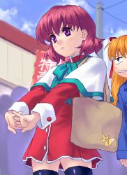 Rule 34 | 2girls, amano mishio, bag, blonde hair, blue sky, capelet, clenched teeth, crowd, day, dress, jitome, kanon, long hair, multiple girls, oekaki, outdoors, parted lips, red dress, red eyes, red hair, red skirt, sawatari makoto, shopping bag, short hair, silhouette, skirt, sky, standing, stretching, teeth, thighhighs, zen, zettai ryouiki