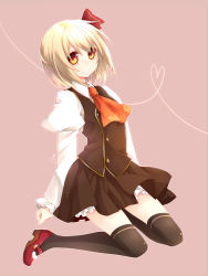 Rule 34 | 1girl, ascot, bad id, bad pixiv id, black thighhighs, blonde hair, embodiment of scarlet devil, female focus, hair ribbon, mary janes, red eyes, ribbon, rumia, shoes, short hair, solo, thighhighs, touhou, yutazou