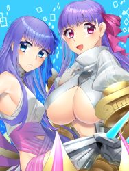 Rule 34 | 10s, 2girls, bare shoulders, blue eyes, blush, breasts, claws, cosplay, costume switch, fate/extra, fate/extra ccc, fate/grand order, fate (series), hair ribbon, huge breasts, long hair, looking at viewer, meltryllis (fate), mi miko, multiple girls, navel, passionlip (fate), purple eyes, purple hair, ribbon, smile, underboob, very long hair