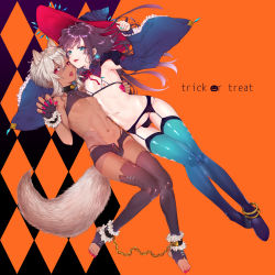 Rule 34 | 2boys, animal ears, ankle cuffs, blue eyes, blue legwear, chain, claws, collar, crossdressing, dark-skinned male, dark skin, detached sleeves, extra ears, fingerless gloves, full body, garter belt, garter straps, gloves, halloween, hat, highres, light areolae, long hair, looking at viewer, male focus, multiple boys, nipples, open mouth, original, panties, paw pose, pectorals, purple hair, red eyes, restrained, stirrup legwear, tail, tawapo, thighhighs, toeless legwear, trap, trick or treat, underwear, witch, witch hat, wolf ears, wolf tail