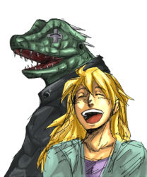 Rule 34 | 1boy, 1girl, blonde hair, caiman (dorohedoro), closed eyes, dinosaur, dorohedoro, height difference, laughing, lizard, lowres, nikaidou (dorohedoro), open mouth, sharp teeth, simple background, sketch, smile, tattoo, teeth