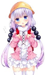 Rule 34 | 10s, 1girl, backpack, bag, beads, blouse, blue eyes, blunt bangs, blush, bow, buttons, capelet, center frills, cowboy shot, dragon girl, dress, frilled capelet, frilled skirt, frills, gothic lolita, gradient hair, hair beads, hair ornament, hands up, hat, kanna kamui, kobayashi-san chi no maidragon, light purple hair, lolita fashion, long hair, long sleeves, looking at viewer, low twintails, microdress, multicolored hair, nogi takayoshi, open mouth, purple hair, randoseru, school hat, shirt, simple background, skirt, smile, solo, tail, thighhighs, twintails, very long hair, white background, white hair, white thighhighs, yellow hat