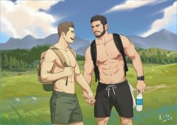 Rule 34 | 2boys, abs, absurdres, backpack, bag, bara, beard, black hair, black shorts, bottle, brown hair, chris redfield, closed mouth, commission, couple, day, closed eyes, facial hair, green shorts, highres, holding, holding bottle, holding hands, koji (wildlhz), large pectorals, long sideburns, looking at another, male focus, multiple boys, muscular, muscular male, navel, nipples, open mouth, outdoors, pectorals, piers nivans, resident evil, resident evil 6, short hair, shorts, sideburns, sky, smile, topless male, watch, water bottle, wristwatch, yaoi