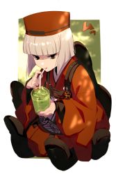 Rule 34 | 1girl, black eyes, blunt bangs, breasts, cup, disembodied limb, drinking straw, echo (circa), fate/grand order, fate (series), ghost hands, grey hair, hat, japanese clothes, kimono, long sleeves, looking at viewer, red hat, red kimono, sen no rikyu (fate), sen no rikyu (first ascension) (fate), shaded face, short hair, small breasts, solo, tassel, wide sleeves