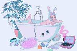 Rule 34 | 1girl, animal ears, aqua nails, ball, bandaid, bandaid on arm, bandaid on foot, barefoot, bathing, bathtub, beachball, bird, brush, rabbit ears, commentary request, eyewear on head, flamingo, grey background, highres, nail polish, najuco (naju0517), neon lights, original, phonograph, plant, potted plant, record, rubber duck, shower cap, simple background, soap, solo, sunglasses, wash cloth