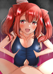 Rule 34 | 1boy, 1girl, animal ears, azur lane, bare shoulders, breasts, breasts squeezed together, cat ears, cat girl, censored, collared shirt, eyelashes, fang, hetero, highres, i-19 (azur lane), large breasts, moruhuross, open mouth, paizuri, paizuri under clothes, perpendicular paizuri, red eyes, red hair, shirt, steam, tongue, twintails