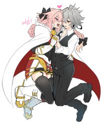 Rule 34 | 2boys, armor, artist name, astolfo (fate), boots, bow, braid, braided ponytail, commentary request, fang, fate/apocrypha, fate (series), full body, grey hair, hair between eyes, hair bow, haoro, heart, highres, holding hands, long hair, long sleeves, looking at another, multiple boys, one eye closed, open mouth, pink hair, purple eyes, red eyes, sieg (fate), simple background, skin fang, thighhighs, tongue, watermark, white background, yaoi
