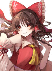 Rule 34 | 1girl, armpit crease, ascot, bare shoulders, blush, bow, brown eyes, brown hair, closed mouth, commentary, detached sleeves, eyelashes, floating hair, frilled bow, frilled hair tubes, frilled shirt collar, frills, gohei, hair between eyes, hair bow, hair tubes, hakurei reimu, hand on own hip, hand up, highres, holding, holding gohei, huge bow, izumi no yasushi aya, long hair, long sleeves, looking at viewer, nontraditional miko, red bow, red shirt, shirt, sidelighting, sidelocks, simple background, sleeveless, sleeveless shirt, smile, solo, touhou, upper body, white background, wide sleeves, yellow ascot