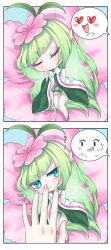 Rule 34 | 1girl, 1other, 2koma, ?, ^^^, absurdres, antenna hair, bare legs, chibi, comic, eyeshadow, fairy, fairy wings, flower, green eyes, green jumpsuit, green wings, hair flower, hair ornament, heart, heart-shaped eyes, highres, jumpsuit, kumu zaisheng, long hair, long sleeves, lying, makeup, on flower, on side, open mouth, pink eyeshadow, pink flower, pink footwear, pink nails, pov, pov hands, qili (xiao huaxian), short eyebrows, short jumpsuit, sleeping, smile, speech bubble, spoken expression, turtleneck, very long hair, wide sleeves, wings, xiao huaxian