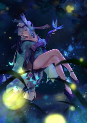 Rule 34 | 1girl, aoandon, asanogawa (tutufcc), ass, bare shoulders, blue eyes, blue lips, blunt bangs, breasts, bug, butterfly, cleavage, crossed legs, fireflies, floating, full body, gloves, hair ornament, highres, insect, japanese clothes, legs, lipstick, long hair, looking at viewer, low-tied long hair, makeup, miniskirt, night, obi, off shoulder, onmyoji, partially fingerless gloves, platform footwear, pleated skirt, revision, sash, sitting, skirt, smile, solo, very long hair, white hair