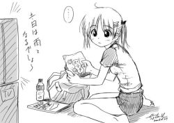 Rule 34 | bag, bottle, child, chips (food), food, greyscale, hair ornament, hairclip, map, monochrome, potato chips, short hair, sketch, solo, television, translated, twintails