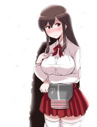 Rule 34 | 10s, 1girl, akagi (kancolle), blush, breasts, brown eyes, brown hair, flight deck, japanese clothes, jewelry, kantai collection, long hair, personification, ring, school uniform, sekitaku, skirt, solo, thighhighs, white thighhighs