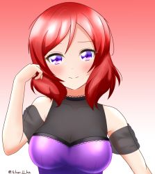 Rule 34 | 1girl, artist name, artist request, bare shoulders, black choker, black detached collar, blush, breasts, choker, cleavage, collarbone, dress, female focus, hair between eyes, highres, looking at viewer, love live!, love live! school idol project, medium breasts, nishikino maki, parted lips, playing with own hair, purple dress, purple eyes, red background, red hair, see-through, see-through sleeves, short hair, smile, solo, upper body