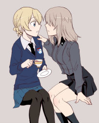 Rule 34 | 2girls, arm support, black legwear, black neckwear, black skirt, blonde hair, blue eyes, blue skirt, blue sweater, braid, commentary, cup, darjeeling (girls und panzer), dress shirt, emblem, girls und panzer, grey background, grey shirt, hair over eyes, hand on another&#039;s shoulder, holding, holding cup, holding saucer, insignia, invisible chair, itsumi erika, kuromorimine school uniform, leaning forward, long hair, long sleeves, looking at another, miniskirt, multiple girls, necktie, pantyhose, parted lips, pleated skirt, saucer, school uniform, shirt, short hair, silver hair, simple background, sitting, skirt, socks, st. gloriana&#039;s (emblem), st. gloriana&#039;s school uniform, sweater, teacup, torinone, v-neck, white shirt, wing collar, yuri