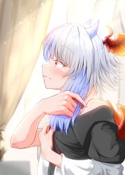 Rule 34 | 1girl, bare shoulders, besuteia, black shirt, blue hair, blue horns, closed mouth, commentary request, curtains, head wings, highres, horns, indoors, multicolored hair, orange wings, profile, red eyes, shirt, short hair, smile, solo, tokiko (touhou), touhou, two-tone hair, upper body, white hair, window, wings