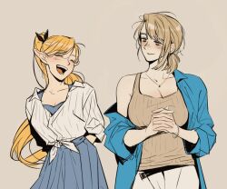 Rule 34 | 2girls, ^ ^, arms behind back, blonde hair, blue dress, blue jacket, blush, casual, closed eyes, closed mouth, dress, dungeon meshi, elf, facing to the side, falin touden, falin touden (tallman), front-tie top, grey background, hands up, happy, hashtag-only commentary, interlocked fingers, jacket, jewelry, leaning forward, light brown hair, long hair, long sleeves, looking at another, looking to the side, marcille donato, multiple girls, mungmnugmung, necklace, off shoulder, open mouth, own hands together, pendant, pleated dress, pointy ears, ponytail, shirt, short hair, short sleeves, simple background, sweater vest, swept bangs, tied shirt, upper body, very long hair, yellow eyes