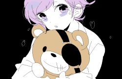 Rule 34 | 10s, 1boy, bags under eyes, black background, carrying, child, crying, diabolik lovers, fang, flat color, kiri (qoo), looking at viewer, male focus, open mouth, partially colored, purple eyes, purple hair, sakamaki kanato, simple background, solo, stuffed animal, stuffed toy, teddy (diabolik lovers), teddy bear, upper body, vampire, aged down
