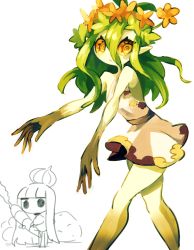 Rule 34 | 1girl, absurdres, bare shoulders, colored skin, dress, eye (okame nin), flower, green hair, green skin, hair between eyes, hair flower, hair ornament, head wreath, highres, looking at viewer, monster girl, no nose, okame nin, orange eyes, orange flower, original, parted lips, plant girl, pointy ears, sash, short dress, simple background, solo, standing, white background, white dress