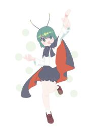 Rule 34 | 1girl, :d, androgynous, antennae, black cape, black shorts, blush, brown footwear, cape, commentary, flat chest, frilled shorts, frills, full body, green eyes, green hair, kari (atsuki 565), leg up, long sleeves, looking at viewer, open mouth, pointing, pointing up, red cape, shirt, shoes, short hair, shorts, simple background, smile, socks, solo, touhou, two-sided cape, two-sided fabric, white background, white shirt, white socks, wriggle nightbug