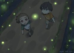 Rule 34 | 2boys, aged down, brown hair, dated, dreadlocks, fireflies, from above, fudou akio, gradient background, inazuma eleven, inazuma eleven (series), kidou yuuto, looking up, male focus, multiple boys, open mouth, outdoors, saku anna, short hair