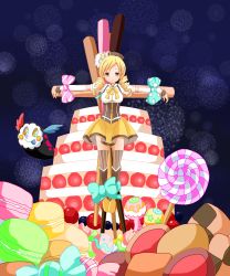 Rule 34 | 10s, :q, absurdres, beret, blonde hair, boots, bow, cake, candy, charlotte (madoka magica), crucifixion, detached sleeves, drill hair, fingerless gloves, food, gloves, hair ornament, hat, highres, lollipop, magical girl, mahou shoujo madoka magica, mahou shoujo madoka magica (anime), pocky, striped clothes, striped legwear, striped thighhighs, thighhighs, tomoe mami, tongue, tongue out, vertical-striped clothes, vertical-striped legwear, vertical-striped thighhighs, witch&#039;s labyrinth, yellow eyes