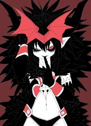 Rule 34 | 1girl, black fur, black gloves, black hair, black sclera, colored sclera, colored skin, demon girl, elbow gloves, finger to mouth, fur trim, gloves, highres, limited palette, mephisto pheles (shinrabanshou), red background, red eyes, red wings, revealing clothes, shinrabanshou, short hair, spiked hair, white skin, wing ornament, wings, zyugoya