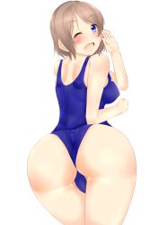 Rule 34 | 10s, 1girl, absurdres, ass, bare shoulders, blue eyes, blush, breasts, brown hair, dauni no dami no koumori, from behind, highres, huge ass, large breasts, looking at viewer, love live!, love live! sunshine!!, one-piece swimsuit, one eye closed, open mouth, school swimsuit, shiny clothes, shiny skin, short hair, sideboob, simple background, smile, solo, swimsuit, watanabe you, white background