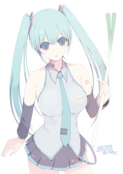 Rule 34 | 1girl, bare shoulders, black skirt, black sleeves, breasts, collarbone, collared shirt, commentary request, dated, detached sleeves, food, green eyes, green hair, green necktie, grey shirt, hair between eyes, hair ornament, hand up, hatsune miku, headset, highres, holding, holding food, long hair, long sleeves, medium breasts, morita (moritania), necktie, parted lips, pleated skirt, shirt, sidelocks, simple background, skirt, sleeveless, sleeveless shirt, solo, spring onion, tie clip, twintails, very long hair, vocaloid, white background