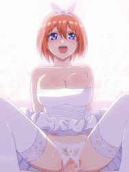 Rule 34 | 10s, 1boy, 1girl, 2019, animated, animated gif, bare shoulders, blue eyes, blush, bouncing breasts, breasts, bridal veil, bride, censored, cleavage, clothed sex, clothes lift, collarbone, cowgirl position, crotchless, crotchless panties, dress, dress lift, elbow gloves, girl on top, gloves, gluteal fold, go-toubun no hanayome, hair between eyes, hair ribbon, hetero, lace, lace panties, large breasts, lips, looking at viewer, looping animation, medium hair, mosaic censoring, mushiro (nijie728995), nakano yotsuba, open mouth, orange hair, panties, penis, pov, pussy, pussy juice, ribbon, sex, sleeveless, sleeveless dress, smile, solo focus, spread legs, straddling, strapless, strapless dress, sweat, tareme, teeth, thighhighs, thighs, tongue, underwear, vaginal, veil, wedding dress, white dress, white gloves, white panties, white ribbon, white thighhighs