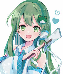 Rule 34 | 1girl, bare shoulders, blush, detached sleeves, frog hair ornament, gohei, green eyes, green hair, hair between eyes, hair ornament, hair tubes, heart, highres, holding, japanese clothes, kochiya sanae, long hair, nauka, nontraditional miko, open mouth, simple background, smile, snake hair ornament, solo, touhou, upper body, white background, white sleeves