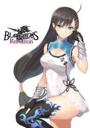 Rule 34 | 1girl, absurdres, bare shoulders, black hair, blade arcus from shining, blue eyes, boots, bow, breasts, chinese clothes, cleavage, closed mouth, commentary request, covered navel, dress, fingerless gloves, frills, gloves, hair ornament, hairclip, highres, kneehighs, logo, long hair, looking at viewer, low-tied long hair, medium breasts, microdress, official art, pairon, see-through, shining (series), single kneehigh, single sock, single thighhigh, sleeveless, smile, socks, solo, thighhighs, thighs, tony taka, white background