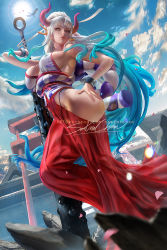 Rule 34 | 1girl, ass, banned artist, blue hair, blue sky, breasts, cleavage, cloud, day, hand on own hip, holding, holding weapon, horns, large breasts, lips, long hair, looking at viewer, multicolored hair, one piece, orange eyes, patreon username, sakimichan, sky, solo, standing, torii, two-tone hair, weapon, white hair, yamato (one piece)