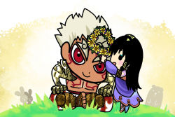 Rule 34 | 1boy, 1girl, asura&#039;s wrath, asura (asura&#039;s wrath), black hair, capcom, chibi, colored skin, father and daughter, flower, mithra (asura&#039;s wrath), red eyes, red skin, white hair