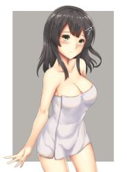 Rule 34 | 10s, 1girl, arcie albano, black hair, blush, border, breasts, cleavage, closed mouth, collarbone, grey background, hair ornament, kantai collection, looking at viewer, medium breasts, naked towel, outside border, oyashio (kancolle), simple background, solo, standing, towel, white border, yellow eyes