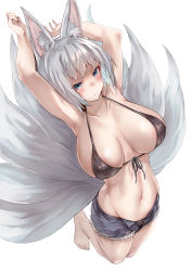 Rule 34 | 1girl, alexi oekaki, animal ears, armpits, arms up, azur lane, barefoot, bikini, black bikini, black ribbon, black shorts, blue eyes, breasts, cleavage, closed mouth, collarbone, fox ears, fox girl, fox tail, front-tie bikini top, front-tie top, full body, grey hair, highres, kaga (azur lane), kneeling, large breasts, looking at viewer, multiple tails, navel, open clothes, open fly, open shorts, ribbon, short hair, short shorts, shorts, simple background, solo, stomach, swimsuit, tail, white background