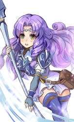 Rule 34 | 1girl, armor, bad id, bad twitter id, blue armor, blue gloves, blue thighhighs, breastplate, circlet, dress, elbow gloves, fingerless gloves, fire emblem, fire emblem: the blazing blade, fire emblem heroes, florina (fire emblem), fujimaru (green sparrow), gloves, green eyes, hair intakes, holding, holding weapon, lance, nintendo, open mouth, pegasus knight uniform (fire emblem), polearm, purple hair, shoulder pads, solo, thighhighs, weapon, white dress, zettai ryouiki
