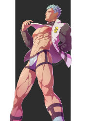 Rule 34 | 1boy, abs, bara, bare pectorals, black jacket, bulge, closed mouth, clothes lift, creatures (company), cyrus (pokemon), evinist, game freak, grey male underwear, highres, jacket, jockstrap, large pectorals, male focus, male underwear, muscular, muscular male, navel, nintendo, nipples, open clothes, open jacket, pectorals, pokemon, pokemon dppt, shirt, shirt lift, short hair, solo, underwear, white hair, white shirt