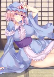 Rule 34 | 1girl, blue hat, blue kimono, breasts, closed mouth, commentary request, frilled kimono, frills, hat, highres, indoors, japanese clothes, kimono, large breasts, looking at viewer, mirufui, mob cap, pink eyes, pink hair, red nails, saigyouji yuyuko, sash, short hair, sitting, smile, solo, tatami, touhou, triangular headpiece, wide sleeves, yokozuwari