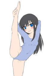 Rule 34 | 1girl, alternate costume, arm behind head, asashio (kancolle), athletic leotard, black hair, blue eyes, blue leotard, breasts, commentary request, cowboy shot, flat color, kantai collection, leotard, long hair, looking at viewer, sasakura (calicchio), simple background, small breasts, solo, split, standing, standing on one leg, standing split, white background