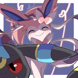 animal_ears blush bow closed_eyes creatures_(company) game_freak gen_2_pokemon gen_6_pokemon grabbing_from_behind half-closed_eyes heart highres looking_at_viewer nintendo no_humans open_mouth pokemon pokemon_(creature) red_eyes ribbon shual3734 simple_background smile sylveon umbreon