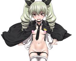 Rule 34 | 10s, 1girl, anchovy (girls und panzer), black panties, black ribbon, blush, breasts, brown eyes, cape, censored, censored nipples, clothes pull, drill hair, girls und panzer, grey hair, hair ribbon, long hair, looking at viewer, minazuki juuzou, navel, necktie, novelty censor, open clothes, panties, pantyhose, pantyhose pull, ribbon, school uniform, simple background, sitting, small breasts, solo, teeth, twin drills, underwear, white background, white pantyhose