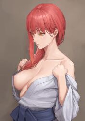 Rule 34 | 1girl, absurdres, ano (gccx8784), areola slip, breasts, chainsaw man, clothes pull, collarbone, commentary request, dougi, hair over shoulder, highres, large breasts, looking ahead, makima (chainsaw man), orange eyes, red hair, ringed eyes, shirt, shirt pull, simple background, single sidelock, solo, upper body, white shirt