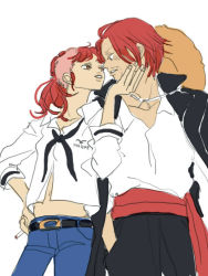 Rule 34 | 1boy, 1girl, bellemere, cigarette, maroon hair, midriff, mohawk, one piece, pirate, ponytail, red hair, sash, shanks (one piece)