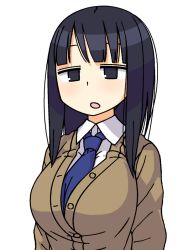 Rule 34 | 1girl, :o, black eyes, black hair, blue necktie, breasts, brown cardigan, buttons, cardigan, collared shirt, large breasts, maruput, necktie, open mouth, original, school uniform, shirt, simple background, solo, straight hair, upper body, white background, white shirt