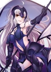 Rule 34 | 1girl, :d, absurdres, armor, armored dress, bare shoulders, black gloves, breasts, brown eyes, chain, cleavage, collarbone, commentary request, dress, elbow gloves, fate/grand order, fate (series), fur-trimmed legwear, fur trim, gloves, headpiece, highres, holding, jeanne d&#039;arc (fate), jeanne d&#039;arc alter (avenger) (fate), jeanne d&#039;arc alter (avenger) (third ascension) (fate), jeanne d&#039;arc alter (fate), large breasts, leaning forward, long hair, looking at viewer, navel, open mouth, purple dress, purple thighhighs, silver hair, simple background, smile, solo, thighhighs, v-shaped eyebrows, vambraces, very long hair, wakagi repa, white background