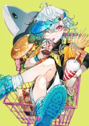 Rule 34 | 1boy, ahoge, bacon, bishounen, blue footwear, blue hat, burger, cheese, closed mouth, commentary, crossed legs, cup, disposable cup, drinking straw, earrings, english commentary, fast food, food, foot out of frame, french fries, hair between eyes, hat, highres, holding, holding cup, ice cream, in shopping cart, jewelry, lettuce, looking at viewer, male focus, multiple earrings, mura karuki, one eye closed, original, pink eyes, pizza, sesame seeds, shirt, shoes, shopping cart, short sleeves, shorts, simple background, sitting, sneakers, soda, solo, stuffed animal, stuffed shark, stuffed toy, sundae, tomato, visor cap, watch, white hair, white shorts, wristband, wristwatch, yellow background, yellow shirt