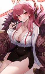 1girl, aru (blue archive), bangs, black bra, black skirt, blue archive, blush, bra, breasts, cleavage, coat, coat removed, collarbone, collared shirt, eternity (shadeh), eyebrows visible through hair, fur-trimmed coat, fur trim, halo, high-waist skirt, highres, holding, holding pen, horns, large breasts, long hair, long sleeves, looking at viewer, orange eyes, parted lips, pen, pen to mouth, pencil skirt, pink hair, purple coat, see-through, shirt, side slit, sitting, skirt, smile, solo, thighs, underwear, v-shaped eyebrows, very long hair, white shirt